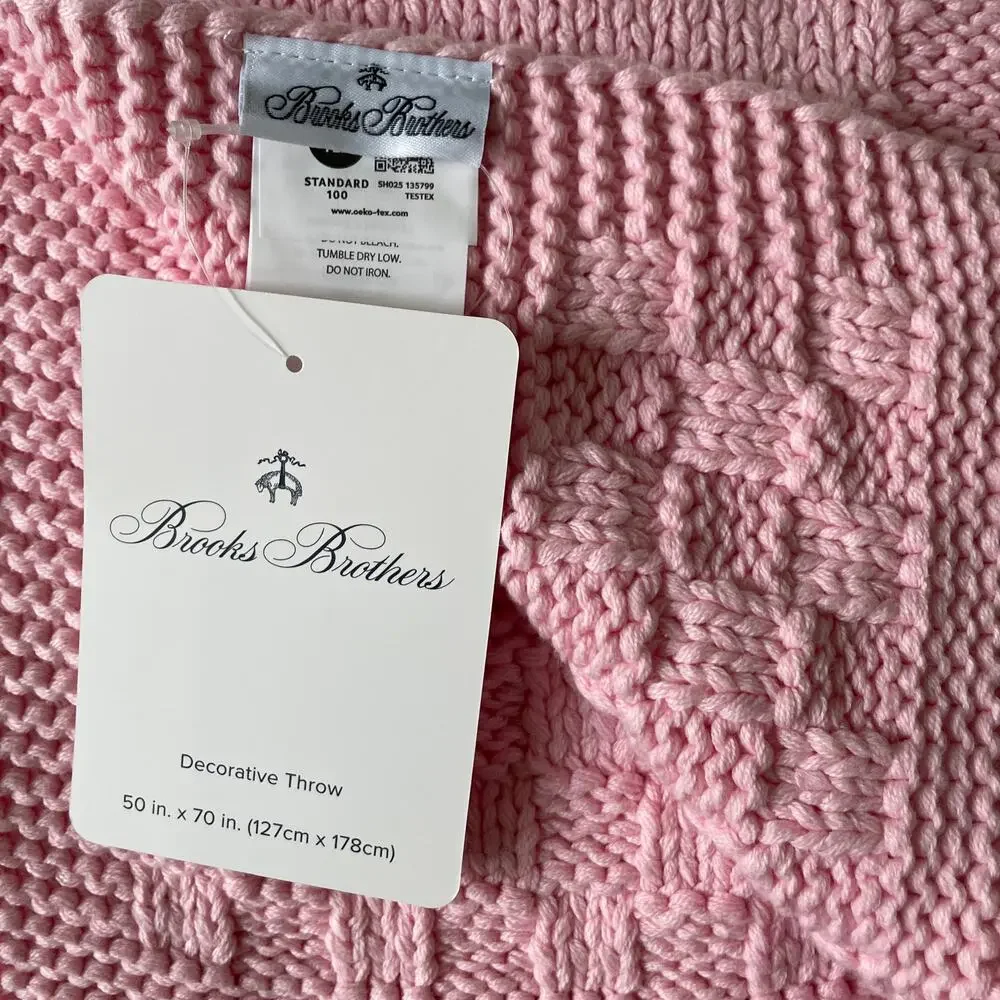 Brooks Brothers Pink Bow Knitted Throw Blanket 50x70 Designer Spring Decor NEW